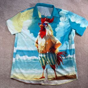 Buff Rooster at the Beach Button Down Men's T-Shirt, Size XXL